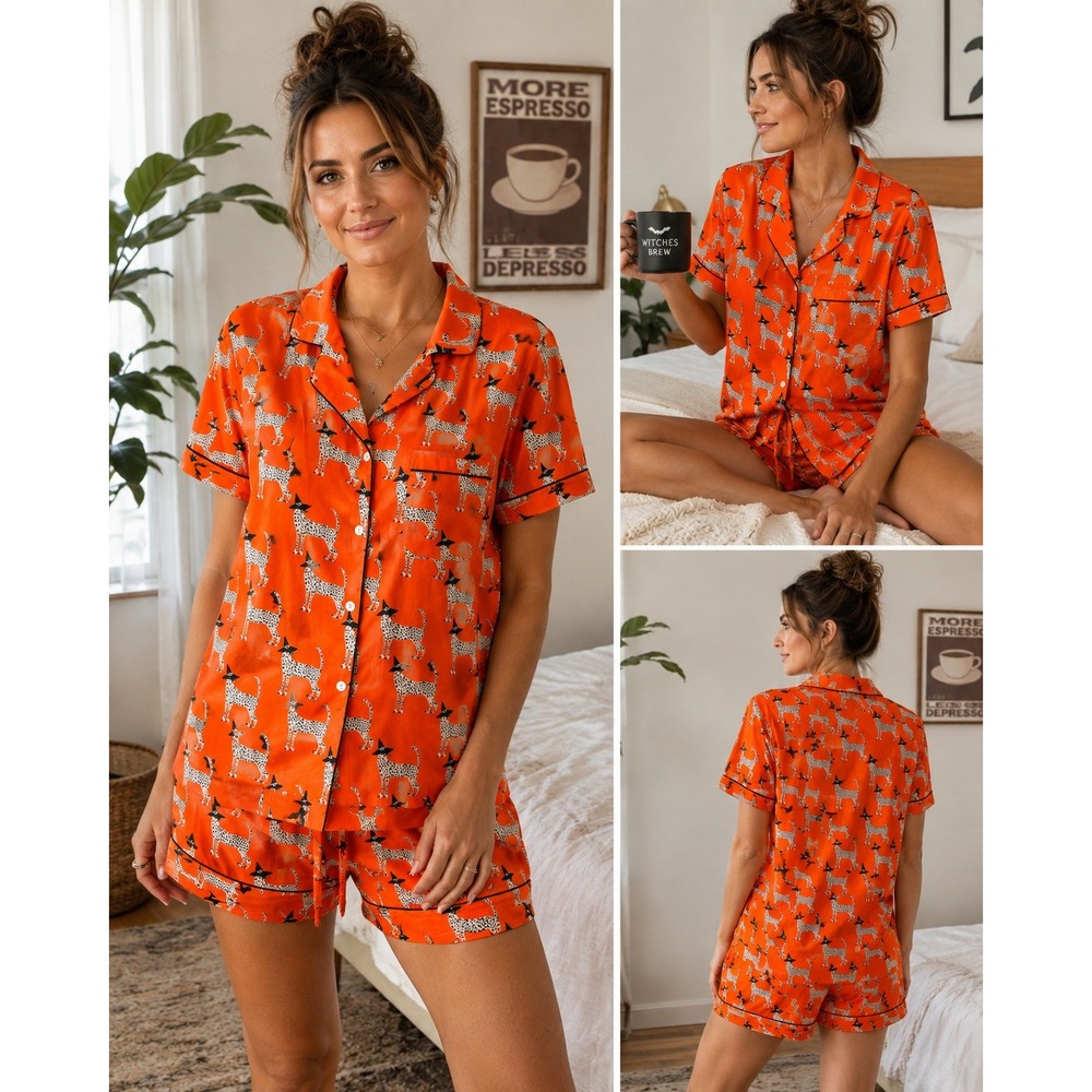 Bouffants & Broken Hearts Pajama Set Orange Witch Hat Cheetah Halloween Medium